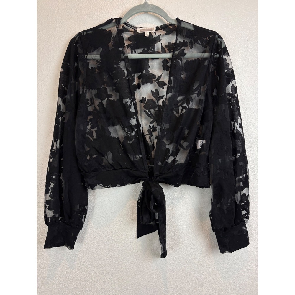 Amber Sky Black Floral Burnout Tie Front Blouse L Sheer Long Sleeve Romantic